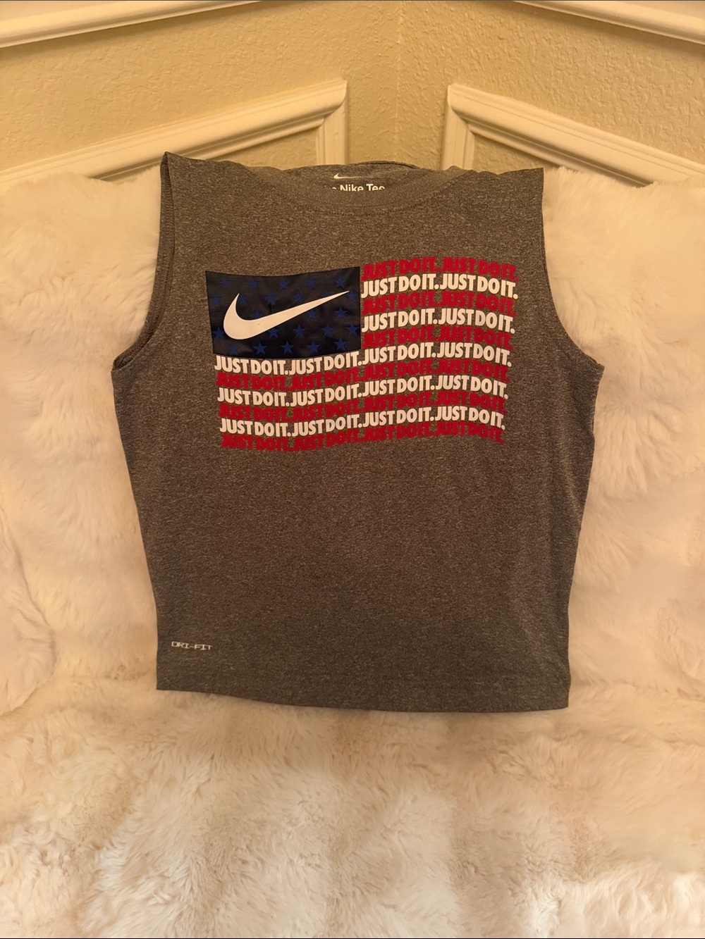 Nike Gray Tank Top with Red, White & Blue Flag Swoosh Graphic